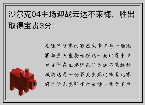 沙尔克04主场迎战云达不莱梅，胜出取得宝贵3分！