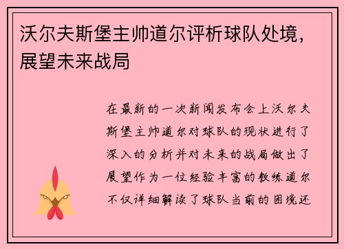 沃尔夫斯堡主帅道尔评析球队处境，展望未来战局